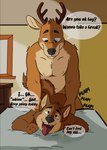 age_difference anthro bed brown_body duo eyewear furniture glasses male male/male nipples sex text tongue tongue_out young anicrossbear canid canine canis cervine deer mammal wolf 2024 english_text hi_res