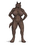 4_toes 5_fingers anthro big_breasts black_nose breasts brown_body brown_fur claws feet female finger_claws fingers fur genitals hindpaw humanoid_hands missing_eye muscular muscular_anthro muscular_female navel nipples nude paws pussy scar scars_all_over smile solo standing toe_claws toes warrior featherhead magnhildr_one-eye canid canine canis mammal wolf 2019 hi_res signature