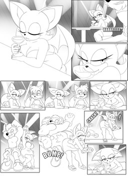 alcohol anthro beverage big_breasts breasts butt_cleavage canon_x_oc cleavage clothed clothing drunk exclamation_point female male sad substance_intoxication hyoumaru sega sonic_the_hedgehog_(series) fan_character rouge_the_bat bat bear canid canine canis mammal wolf 2017 absurd_res comic hi_res monochrome