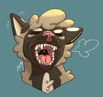 anthro bared_teeth brown_body chest_tuft curly_hair ear_flick gums hair male open_mouth pink_nose snarling solo spots spotted_ears teeth teeth_showing throat tongue tuft uvula white_spots white_tuft yawn sambles barley_(sambles) canid canine canis domestic_dog mammal absurd_res hi_res
