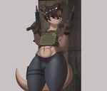 abs against_surface against_wall ahoge anthro black_bottomwear black_clothing black_hair black_nose black_pants bodily_fluids bottomwear bulge bulletproof_vest clothing femboy frown gloves green_clothing green_eyes green_gloves green_handwear green_topwear green_vest grey_background gun hair half-closed_eyes handwear holding_gun holding_object holding_ranged_weapon holding_weapon male muscular muscular_anthro muscular_femboy muscular_male narrowed_eyes pants pupils ranged_weapon simple_background solo standing submachine_gun sweat thick_thighs tight_clothing topwear uzi vest weapon wide_hips mr-shin guns_akimbo shin_(mr-shin) mammal mustelid otter river_otter 2024 hi_res