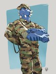 3:4 anthro argonian backpack blue_body blue_scales camo camo_backpack clothing facial_spikes hi_res jaw_spikes lion21 male microsoft military_uniform muscular scales scalie simple_background solo spikes spikes_(anatomy) the_elder_scrolls tristen uniform