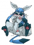 balls blue_hair blush bodily_fluids chest_tuft condom condom_in_mouth cum cum_on_body cum_on_face cum_on_feet eeveelution erection feet feral fur generation_4_pokemon genital_fluids genitals glaceon hair hindpaw looking_at_viewer male male_feral mouth_hold nekogarasu nintendo nude object_in_mouth paws penis pokemon pokemon_(species) sexual_barrier_device simple_background solo tail tuft unused_condom white_background wrapped_condom