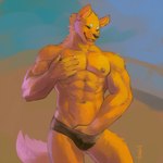 abs anthro biceps blonde_hair clothing eyes_closed hair hand_in_underwear hand_on_chest hand_on_crotch male muscular muscular_male navel nipples pecs pose smile solo speedo standing swimwear tail underwear yellow_body ainro elysium_above canid canine canis domestic_dog mammal 1:1