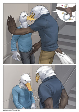 anthro beak brown_body brown_feathers clothed clothing duo feathers feral feral_on_feral fondling heart_symbol inside larger_anthro larger_male male male/male muscular muscular_male open_beak open_mouth sex size_difference smaller_anthro smaller_male stairs tail tail_feathers text unzipping unzipping_pants white_body white_feathers winged_arms wings yellow_eyes pngx accipitrid accipitriform anatid anseriform avian bald_eagle bird duck eagle sea_eagle comic hi_res url
