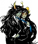 clothing clothing_pull duo female female/female horn necktie necktie_pull not_furry suit kotijumi homestuck ms_paint_adventures aradia_megido vriska_serket alien alien_humanoid horned_humanoid humanoid troll_(homestuck)