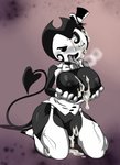 after_sex bendy_and_the_ink_machine bendy_the_dancing_demon black_body black_skin bodily_fluids breasts clothed clothing crossgender crovirus cum cum_in_eye cum_on_breasts cum_on_face cum_on_leg cum_pool demon exposed_breasts female fleischer_style_toon forked_tongue front_view full-length_portrait genital_fluids gloves handwear hat headgear headwear hi_res holding_breast humanoid kneeling mtf_crossgender nipples not_furry one_eye_closed partially_clothed pointed_tail portrait solo tongue tongue_out toony top_hat twistedterra