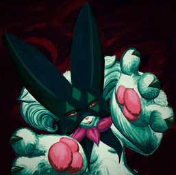 black_clothing breasts claws clothing dark_mask female fur green_body green_claws green_fur green_hair green_mask hair looking_at_viewer open_mouth pawpads pink_clothing pink_eyes pink_pawpads smile smiling_at_viewer solo tongue tongue_out halfbaked-hope nintendo pokemon generation_9_pokemon meowscarada pokemon_(species) 2024 digital_media_(artwork) digital_painting_(artwork) hi_res painting_(artwork)