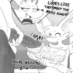 ambiguous_gender animal_genitalia animal_penis anthro balls blush bodily_fluids canine_genitalia canine_penis cum cum_on_food cum_on_sandwich cutaway duo ejaculation erection food genital_fluids genitals knot knotted_penis male masturbation nude_male penile penile_masturbation penis sandwich_(food) sheath solo_focus text retromander nintendo pokemon grey_(dgbraixen) braixen delphox generation_6_pokemon pokemon_(species) english_text hi_res