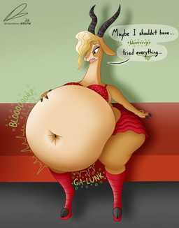 anthro belly big_belly bottomwear bra brown_belly brown_eyes clothing deep_navel duo female horn huge_belly morbidly_obese navel obese overweight red_bottomwear red_bra red_clothing red_shorts red_underwear shorts speech_bubble stuffing text underwear weight_gain dullpoint disney zootopia gazelle_(zootopia) deer mammal 2026 english_text hi_res