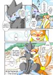 blue_eyes blush comic duo english_text fangs felid female feral floatzel generation_4_pokemon hug kemono lol_comments luxray male mammal mikaduki_karasu mustelid nintendo outside pokemon pokemon_(species) redoxx rozelyn_the_floatzel_(mischievous-skunk) teeth text third-party_edit translated yellow_eyes