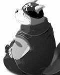 anthro biped bottomwear clothing male pants shirt sitting slightly_chubby solo topwear hinami canid canine canis domestic_dog mammal 2014 monochrome unavailable_at_source