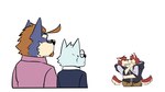 16:9 absurd_res anthro blue_body blue_fur brown_hair canid clothing eyes_closed eyewear fur glasses group hair hi_res hoodie humor kissing male male/male mammal ookanyoufeelit red_body red_fur selfcest simple_background square_crossover topwear white_background widescreen