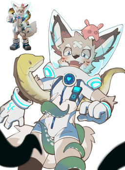 anthro astronaut biped blue_eyes blush brown_body brown_fur clothing diving_gear fangs fur kemono male simple_background slim_anthro slim_male solo teeth tentacles torn_clothing white_body shoko_contane anothereidos_of_dragon_vein_r amorey aquatic canid canine eel fish japanese_kobold kobold mammal moray_eel scalie absurd_res hi_res
