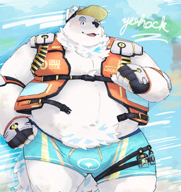 anthro bandage bandage_on_face beach belly blue_eyes bottomwear bulge clothing fingerless_gloves fur gloves hair handwear hat headgear headwear life_jacket male navel overweight ponytail shorts solo swimwear text visor_cap water white_body white_fur hisreralitlle lifewonders live_a_hero yohack canid canine canis domestic_dog mammal nordic_sled_dog samoyed spitz absurd_res english_text hi_res
