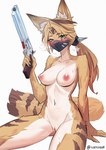 anthro belly blush breasts brown_body brown_fur cat_tail female fur genitals green_eyes gun hair handgun inner_ear_fluff mask medium_breasts midriff nipples nude nude_anthro ponytail pussy ranged_weapon revolver solo striped_body striped_fur stripes thick_thighs tuft weapon white_body white_fur wide_hips yellow_body yellow_fur kukiyuusha mihoyo zenless_zone_zero pulchra_(zenless_zone_zero) felid feline mammal absurd_res hi_res