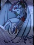 anthro bed clothed clothing duo eyes_closed female furniture horn hug lying male male/female on_side pillow tail underwear wings adeloo mythology dragon felid hybrid mammal mythological_creature mythological_scalie scalie hi_res