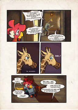 anthro beak dialogue duo fantasy feet hooves looking_at_another male simple_background text zaryuzu_73 dungeons_and_dragons hasbro wizards_of_the_coast dabari_(zaryuzu_73) fern_(zaryuzu_73) avian bird chicken galliform giraffe giraffid mammal phasianid comic digital_media_(artwork) english_text hi_res