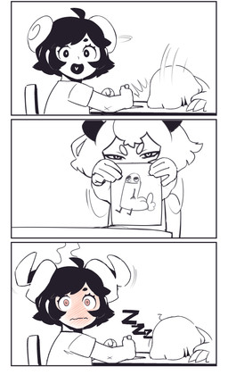 ahoge ambiguous_gender blush drawing_(object) drawing_in_a_drawing embarrassed female group hair happy holding_object motion_lines open_mouth orange_eyes pupils school short_hair sleeping spiral spiral_pupils symbol-shaped_pupils unusual_pupils young conto abel_(talez01) dera_(talez01) dickbutt animal_humanoid bovid caprine humanoid mammal unknown_species absurd_res black_and_white character_request comic hi_res meme monochrome partially_colored spot_color