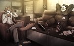 anthro belly big_belly black_nose bottomwear clothing detailed_background duo eyes_closed furniture inside kemono male moobs navel nipples overweight overweight_male pants scar shirt sitting sofa topwear oaks16 bear canid canine canis mammal wolf 16:10 2012 hi_res widescreen