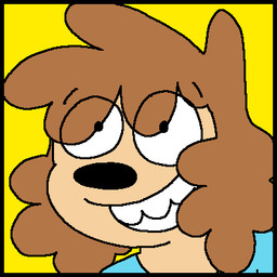 anthro black_border border brown_hair curly_hair eye_through_hair hair male male_anthro simple_background smile solo toothy_grin translucent translucent_hair yellow_background freoncat normalsville harrod_(normalsville) canid canine canis domestic_dog mammal poodle 1:1 2025 bust_portrait colored flat_colors icon low_res portrait