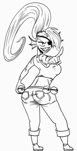 anthro bottomwear breasts butt clothed clothing crop_top denim denim_bottomwear denim_clothing eye_patch eyewear female fin footwear gesture grin hair hand_gesture head_fin holding_object holding_pokeball jeans long_hair medium_breasts pants pointing pokeball ponytail pose pupils sharp_teeth shirt shoes simple_background slit_pupils smile solo teeth topwear white_background keij nintendo pokemon undertale undertale_(series) undyne aquatic fish 2015 black_and_white crossover hi_res monochrome sketch traditional_media_(artwork)