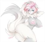 anthro areola big_breasts blue_eyes breasts butt ear_piercing female fur hair neck_tuft nipple_piercing nipples nude piercing pink_hair solo teal_eyes tuft white_body white_fur slugbox sober_(character) domestic_ferret mammal mustelid musteline true_musteline weasel