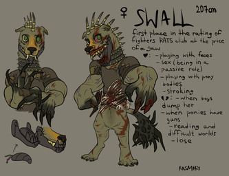 alternate_universe anthro armor big_claws big_hands blood bodily_fluids bone claws female jaw leather leather_armor metal open_mouth prosthetic prosthetic_jaw ridge scar solo standing teeth text thorns rasmary fallout_equestria hasbro my_little_pony mythology fan_character swall_(rasmary) canid canid_demon canine canis demon domestic_dog hellhound mammal monster mythological_canine mythological_creature 2026 alternate_version_at_source digital_media_(artwork) english_text hi_res
