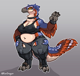 anthro belly bracelet breasts butt claws collar feathers female jewelry looking_at_viewer navel overweight smile solo tail text kavdragun dinosaur dromaeosaurid dromaeosaurus feathered_dinosaur feathered_scalie prehistoric_species reptile saurischian scalie theropod artist_name hi_res