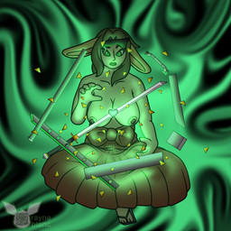 asian_clothing big_breasts breasts clothed clothing crossed_legs east_asian_clothing female footwear gem gun japanese_clothing kimono levitating magic magic_weapon melee_weapon qr_code rabbit_ears ranged_weapon sandals shoes sword topless weapon albinoraynedeer human mammal 1:1 absurd_res hi_res