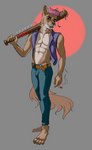 anthro baton bottomwear brown_body brown_fur bully butt cigarette clothing collar denim denim_bottomwear denim_clothing ear_piercing ear_ring ears_up fur hair jeans male muscular pants piercing pink_hair pubes ring_piercing solo weapon white_body white_fur levsha canid canine mammal hi_res model_sheet sketch