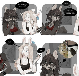 anthro biped breasts cigarette claws clothed clothed_anthro clothed_female clothing dialogue duo eye_contact female fingers front_view fur hair inside looking_at_another sitting smile smoking smoking_cigarette speech_bubble teeth text raccoattack racc_(raccoattack) bovid bovine cattle mammal procyonid raccoon 2026 comic digital_drawing_(artwork) digital_media_(artwork) english_text hi_res