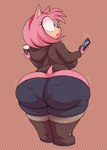 anthro beverage big_butt boots butt butt_jiggle clothing container cup electronics exposed_butt female footwear hair hoodie jiggling phone pink_hair shoes solo thick_thighs topwear wide_hips behniis sega sonic_the_hedgehog_(series) amy_rose eulipotyphlan hedgehog mammal hi_res