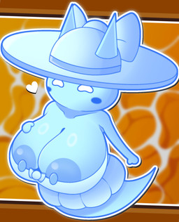 big_breasts blue_body blush bow_ribbon breasts clothed clothing dress female ghost_tail hand_on_breast hat headgear headwear legless mouthless nipples partially_clothed solo anemonemisc ponos_corp. the_battle_cats fairy familiar felid feline ghost mammal spirit 2025 digital_drawing_(artwork) digital_media_(artwork) hi_res