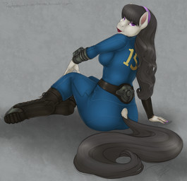 5_fingers accessory anthro bangs big_butt biped black_hair butt clothed clothing female fingers footwear fully_clothed fur furgonomics grey_body grey_fur hair hair_accessory hairband hooves jumpsuit lips long_hair looking_at_viewer makeup nails pink_eyes red_lips shoes simple_background sitting smile solo vault_suit phathusa fallout friendship_is_magic hasbro microsoft my_little_pony octavia_(mlp) equid equine horse mammal 2015 digital_media_(artwork) hi_res