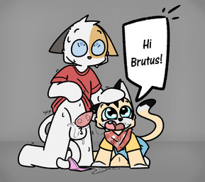 after_fellatio after_oral after_sex animal_genitalia animal_penis anthro anthro_on_anthro arm_support ball_tuft balls barefoot bent_arm bent_legs big_eyes big_iris big_mouth_(anatomy) big_pupils biped black_body black_ears black_eyebrows black_fur black_nose black_stripes black_tail black_text blue_clothing blue_eyes blue_overalls blue_sclera bodily_fluids bottomless bottomless_anthro bottomless_male caught_in_the_act cheek_tuft clothed clothed_anthro clothed_female clothing clothing_lift curved_eyebrows curved_tail dialogue duo ears_aside erection extended_arms eyebrows eyelashes facial_markings facial_tuft fangs featureless_feet featureless_hands feet female fur fur_tuft genital_fluids genitals glistening glistening_bodily_fluids glistening_eyes glistening_genitalia glistening_penis glistening_saliva glistening_tongue greeting grey_background hand_on_another's_head hand_on_head head_markings head_tuft head_turned intraspecies iris kerchief kneeling light_body light_fur loli looking_aside looking_up male male/female markings monotone_background monotone_balls monotone_genitals monotone_tail mouthless multicolored_body multicolored_fur multicolored_kerchief multicolored_neckerchief multicolored_tail name_drop name_in_dialogue navel neckerchief neckwear nervous nervous_sweat no_pupils open_mouth open_smile orange_body orange_ears orange_fur overalls panties panties_on_tail penis pink_clothing pink_nose pink_panties pink_penis pink_tongue pink_underwear pointy_ears polygonal_speech_bubble prick_ears pupils red_clothing red_shirt red_t-shirt red_topwear saliva saliva_on_balls saliva_on_ground saliva_on_legs saliva_on_penis scared shaking shirt shirt_lift shirt_only shota simple_background smile speech_bubble striped_body striped_face striped_fur stripes sweat sweaty_body sweaty_fur t-shirt t-shirt_lift t-shirt_only tail tan_body tan_fur tan_tail teeth text thin_eyebrows three-quarter_view tongue topwear topwear_only tuft underwear white_balls white_body white_fur white_inner_ear white_sclera white_speech_bubble white_tail wide_eyed yellow_clothing yellow_shirt yellow_topwear young young_anthro young_female young_male young_on_young lightningb0lt01 litterbox_comics pixie_and_brutus pixie_(pixie_and_brutus) vincent_(litterbox_comics) calico_cat domestic_cat felid feline felis mammal 2026 absurd_res artist_name crossover digital_drawing_(artwork) digital_media_(artwork) english_text hi_res