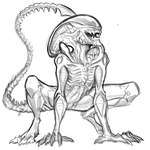 all_fours ambiguous_gender bodily_fluids claws drooling exoskeleton eyeless fingers not_furry nude open_mouth saliva simple_background tail teeth toe_claws maxspite alien_(franchise) alien humanoid xenomorph 1:1 digital_media_(artwork) hi_res monochrome sketch