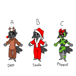 anthro biped black_body bow_ribbon breasts choice choker clothing costume female group holidays jewelry necklace non-mammal_breasts reindeer_costume santa_costume text wrapped_up jmaf33r christmas raven_(jmaf33r) avian bird corvid corvus_(genus) oscine passerine raven 1:1 english_text hi_res