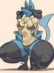 2024 3:4 :< absurd_res anthro armwear black_bra black_clothing black_panties black_underwear bodily_fluids bra breasts claws clothed clothing crouching detached_sleeves eyelashes feet female full-length_portrait generation_4_pokemon hi_res huge_thighs legwear looking_at_viewer lucaria_(doodtoon) lucario medium_breasts midriff navel nintendo panties pawpads paws pokemon pokemon_(species) portrait presenting red_eyes signature simple_background small_waist smaller_version_at_source solo spikes spikes_(anatomy) spread_legs spreading squish sweat tail tan_background thick_thighs thigh_highs thigh_squish under_boob underwear underwear_only yarney