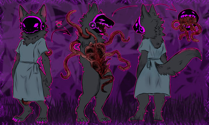 anthro barefoot body_horror directional_arrow ears_up feet female fur gore grey_body grey_fur looking_back machine medical open_chest open_mouth solo standing tail teeth teeth_showing tentacles text roli_poli rip_(roli_poli) protogen 5:3 english_text hi_res model_sheet