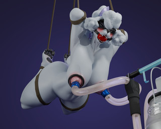 4_toes anthro ball_gag bdsm blindfold bodily_fluids bondage bound breast_milking feet female gag gagged hands_behind_head lactating legs_tied looking_pleasured pawpads simple_background solo suspension suspension_bondage toes heartbrkrskully twilightv0ids_(modeler) epic_games fortnite lady_poodlina canid canine canis domestic_dog mammal poodle 3d_(artwork) 5:4 digital_media_(artwork) hi_res
