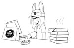 anthro cashier clothing computer container electronics eyelashes hair hair_over_eye hat headgear headwear keyboard looking_aside male mouthless name_tag one_eye_obstructed paper pizza_box shirt simple_background solo steam text topwear visor_cap white_background twang pizza_hut janis_(twang) lagomorph leporid mammal rabbit english_text monochrome