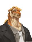 anthro black_body black_clothing black_fur black_topwear blonde_hair clothed clothing front_view fur grey_clothing grey_shirt grey_topwear hair looking_at_viewer male multicolored_body multicolored_fur necktie orange_body orange_fur pink_nose shirt simple_background smile solo suit topwear white_background white_body white_fur yellow_eyes fabercastel ardel felid mammal pantherine tiger 2009 3:4 bust_portrait digital_media_(artwork) portrait signature