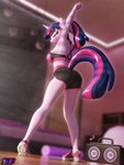 anthro anthrofied boombox bottomwear bra butt clothing electronics exercise eyes_closed female footwear horn shoes shorts solo sports_bra stretching tail underwear workout workout_clothing shadowboltsfm friendship_is_magic hasbro my_little_pony mythology twilight_sparkle_(mlp) equid equine mammal mythological_creature mythological_equine unicorn 3:4 3d_(artwork) absurd_res digital_media_(artwork) hi_res