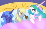 bed bed_mane bedding blanket blue_hair bubble embarrassed female feral furniture group hair horn long_hair on_bed pipe short_hair smoking_pipe under_covers yellow_eyes goatanimedatingsim friendship_is_magic hasbro my_little_pony mythology derpy_hooves_(mlp) princess_celestia_(mlp) princess_luna_(mlp) equid equine mammal mythological_creature mythological_equine unicorn