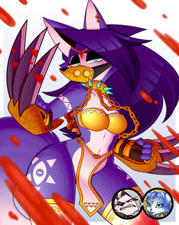 4_fingers anthro blood blue_ears blue_eyes blue_hair bodily_fluids bottomwear breasts chain claw_(weapon) clothed clothing collar collarbone female fingers fur fusion gold_(metal) grey_teeth hair jewelry legwear loincloth looking_at_viewer melee_weapon muzzle_(object) muzzled no_underwear skimpy spiked_collar spikes teeth thigh_highs weapon wearing_collar white_body white_bottomwear white_clothing white_fur white_loincloth yellow_clothing galajo hellaverse helluva_boss nintendo star_fox krystal_(star_fox) loona_(helluva_boss) canid canine fox mammal 2026 absurd_res hi_res