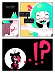 anthro bedding blanket blue_hair blue_tongue blush breasts clothing dialogue duo female female/female flat_chested hair nipples nude red_hair surprised teeth tongue undressing ponporio the_disappearance_of_girl_a girl_a girl_b felid mammal 3:4 absurd_res comic hi_res
