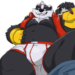 4_fingers anthro belly black_body black_nose blue_eyes bottomwear bottomwear_down bulge clothed clothing controller fingers game_controller holding_controller holding_object male moobs navel overweight overweight_male pants pants_down partially_clothed simple_background solo underwear white_background white_body overly_ketchup bradley_the_badger_(game) bradley_(bradley_the_badger) badger mammal mustelid musteline 1:1 2026 absurd_res hi_res