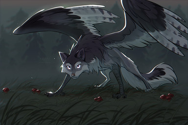 black_claws cheek_tuft claws eyelashes facial_tuft feathered_wings feathers female feral fungus fur grass grey_body grey_fur grey_markings grey_wings markings mushroom outside plant short_snout solo standing tail tree tuft white_eyes wings azzai hioshiru_(character) enfield 2023 3:2 colored digital_drawing_(artwork) digital_media_(artwork) shaded