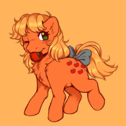 accessory apple apple_in_mouth blonde_mane blue_bow bow_ribbon chest_tuft cutie_mark eyebrow_through_hair eyebrows eyelashes female feral food fruit fur furgonomics green_eyes hair hooves light long_mane mane medium_tail no_pupils one_eye_closed orange_background orange_body orange_fur plant quadruped ribbons simple_background smile solo standing tail tail_accessory tail_bow tail_ribbon thin_eyebrows translucent translucent_hair tuft unguligrade yellow_tail cabysoft hasbro mlp_g1 my_little_pony applejack_(mlp_g1) earth_pony equid equine horse mammal pony 1:1 2022 colored digital_drawing_(artwork) digital_media_(artwork) hi_res lighting shaded